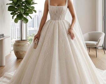 Luxury Square Neck Ball Gown Wedding Dress, Pearl Beaded Bridal Gown, Embroidered Princess Wedding Dress, Custom Bride Dress