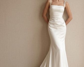 Pearl Mermaid Wedding Dress with Detachable Train, Satin Bridal Gown, Custom Princess Wedding Dress, Elegant Bride Gown, Made to Order