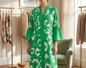 Floral Green Maxi Dress for Women, V Neck Party Dress, Flared Sleeve Summer Dress, Elegant Vacation Dress, Casual Boho Evening Dress