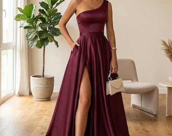 One Shoulder  Prom Dress, Long Ball Gown with High Slit, Corset Formal Evening Dress, Elegant Pocket Gown, Custom Special Occasion Dress