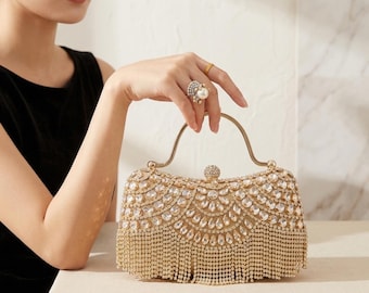 Diamond Rhinestone Evening Clutch Bag | Gold Tassel Bridal Wedding Party Handbag | Luxury Sparkle Crystal Evening Purse