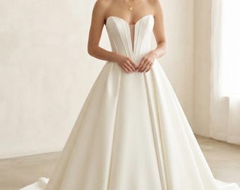 Custom Off Shoulder Satin Wedding Dress A-Line Crepe Bridal Gown Floor Length Minimalist Elegant Bride Dress
