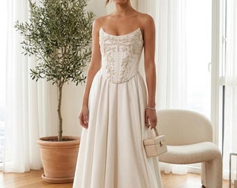 Strapless Rhinestone Wedding Dress, A-Line Bridal Gown, Lace-Up Back Wedding Dress, Floor Length Custom Bride Gown, Elegant Bridal