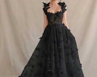 Butterfly Corset Prom Dress Tulle Ball Gown 3D Lace Evening Dress High Slit Formal Party Gown Wedding Guest Dress