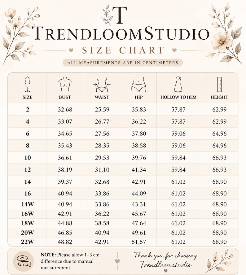 Może przedstawiać: Tabela rozmiar&oacute;w Trendloomstudio na beżowym tle z kwiatowymi akcentami. Tabela zawiera rozmiary od 2 do 22W z odpowiadającymi im wymiarami biustu, talii, bioder, długości od wgłębienia do dołu oraz wzrostu w centymetrach. Uwaga: dopuszczalna r&oacute;żnica 1-3 cm.