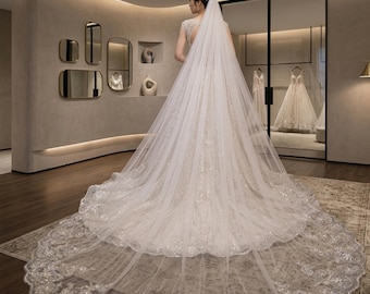 Lace Edge Cathedral Bridal Veil White Ivory Long Wedding Veil with Comb Sequins Applique One Layer 3M 4M 5M Luxury Bride Veil 2026