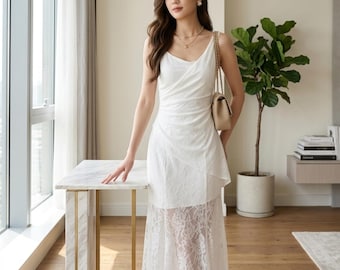 White Lace Maxi Dress, Spaghetti Strap Summer Dress, High Waist Bodycon Vacation Dress, French Elegant Long Beach Dress