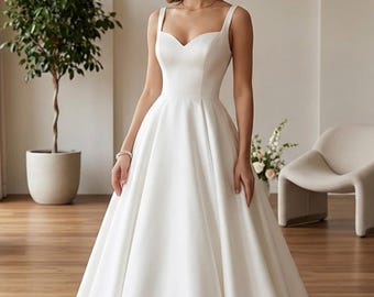 Elegant V-Neck Satin Wedding Dress, A-Line Bridal Gown, Backless Wedding Dress with Buttons, Spaghetti Strap Bride Dress with Pockets