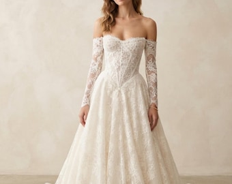 Off Shoulder Lace Wedding Dress Detachable Sleeves A-Line Bridal Gown Custom White Princess Wedding Dress Elegant Bride Gown