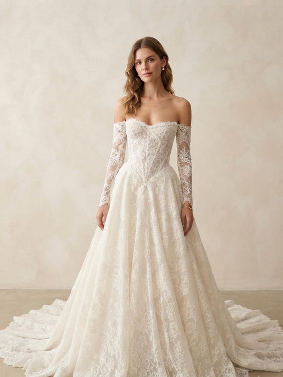 Off Shoulder Lace Wedding Dress Detachable Sleeves A-Line Bridal Gown Custom White Princess Wedding Dress Elegant Bride Gown