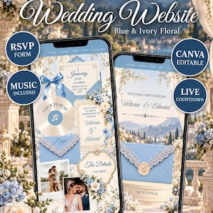 Wedding Website Canva Template, Blue Ivory Floral RSVP Design with Music
