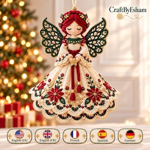 May include: A crocheted angel ornament featuring deep red hair, dark green lace wings, and a cream-coloured dress adorned with embroidered red poinsettias, green leaves, and gold accents. The figure holds a small gold star and has red tassels.