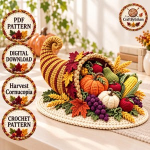 May include: A crochet cornucopia filled with various autumn produce including a bright orange pumpkin, a white pumpkin, a green pear, red apples, purple grapes, and yellow corn, all resting on a cream-colored oval mat with fall leaves.