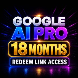 Può includere: Grafica digitale con le parole "GOOGLE AI PRO" in bianco, blu e viola. Sotto, "18 MESI" è in oro e "REDEEM LINK ACCESS" è in bianco. Lo sfondo è scuro con effetti di luce blu e viola.