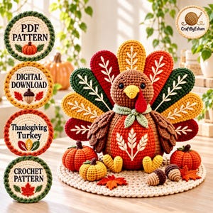 May include: A crocheted turkey figurine with a colourful fan-shaped tail, surrounded by small crocheted pumpkins and acorns on a round mat. Four circular labels on the left display the text PDF PATTERN, DIGITAL DOWNLOAD, Thanksgiving Turkey, and CROCHET PATTERN.