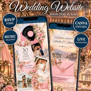 Página web de boda, plantilla Canva en rosa palo y marfil con confirmación de asistencia, música y cuenta atrás.