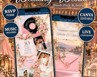 Wedding Website, Blush Pink Ivory Canva Template with RSVP, Music and Countdown