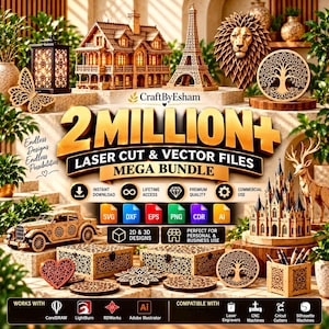 Peut inclure: Une publicité numérique pour un méga lot de fichiers vectoriels et de découpe laser par CraftByEsham, présentant des modèles en bois de maison, tour Eiffel, lion, arbre de vie, voiture, château, cerf, boîtes et porte-stylo, avec icônes de fichiers.