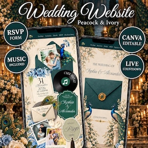 Site web de mariage, modèle Canva ivoire paon avec RSVP, musique, compte à rebours
