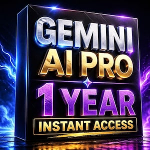 Può includere: Un rendering 3D di una scatola nera con le parole "GEMINI AI PRO" in argento e oro. Sotto, "1 YEAR" è in viola e "INSTANT ACCESS" è in oro. Lo sfondo presenta fulmini blu e viola.