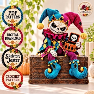 May include: A crochet skeleton jester doll with a blue and magenta jester hat, a ruffled collar, and a diamond-patterned outfit, holding a small orange and black box with a skull graphic. Four circular labels display the text PDF PATTERN, DIGITAL DOWNLOAD, SKELETON JESTER, and CROCHET PATTERN.