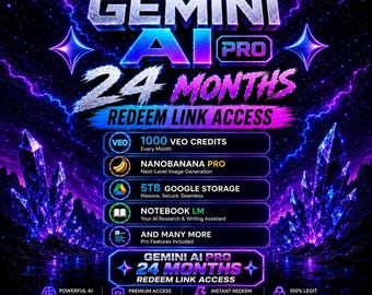 Può includere: Una grafica digitale per Gemini AI Pro 24 Months Redeem Link Access con fulmini al neon viola e blu, cristalli luminosi e un elenco di funzionalità tra cui 1000 crediti Veo, Nanobanana Pro, 5 TB di spazio di archiviazione Google e Notebook LM.
