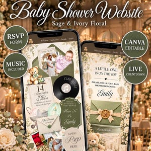 Site web pour baby shower, modèle Canva ours en peluche vert sauge avec musique et RSVP