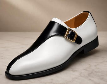 Luxury Handmade White and Black Leather Monk Strap Shoes  |  Two-Tone Formal Dress Shoes