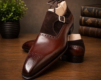 Men's Brown Monk Strap Shoes – Handmade Two Tone Formal Wedding Dress Wear (Custom Size)