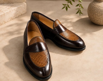 Handgjorda bruna läderloafers för män | Vävda slip-on-skor