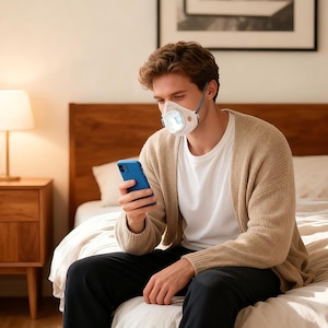 May include: A person wearing a white face mask with a light attached, holding a blue smartphone. The person is wearing a white t-shirt, a tan cardigan, and dark pants. The scene takes place in a bedroom with a wooden headboard and a lamp.