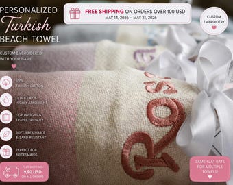 Personalized Turkish Beach Towel | Custom Embroidered Bridesmaid Gift | Luxury Honeymoon & Bachelorette Towel