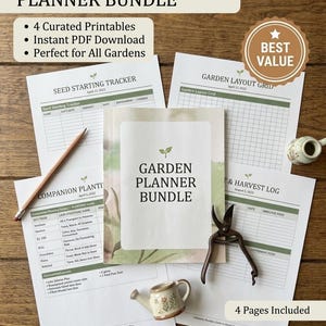 May include: A complete garden planner bundle with four curated printables, including a seed starting tracker, garden layout grid, and harvest log. The bundle also includes a companion planting guide. A small watering can and pruning shears are also visible.
