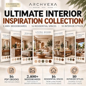 Peut inclure: Une collection numérique intitulée Ultimate Interior Inspiration Collection par Archvexa, comprenant plus de 2 400 planches d'ambiance pour 16 espaces résidentiels et 10 styles. Le visuel présente sept panneaux verticaux avec des intérieurs et palettes.