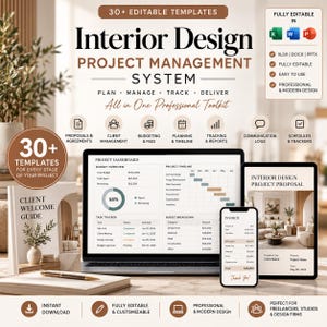 Puede incluir: Un sistema de gestión de proyectos de diseño de interiores con más de 30 plantillas editables para Excel, Word y PowerPoint. La pantalla muestra un portátil, una tableta y un smartphone con paneles de control y documentos de propuestas.