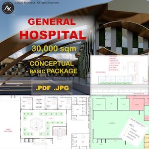 Op de afbeelding: Architecturale weergave van een algemeen ziekenhuisontwerp. De afbeelding bevat de tekst "GENERAL HOSPITAL" en "30.000 m² CONCEPTUAL BASIC PACKAGE". Ook inbegrepen zijn architectonische plannen en een kleurencodesleutel.