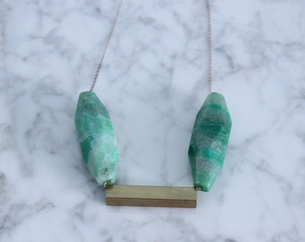 Deep Green Agate Stones with brass on sterling silver chain necklace