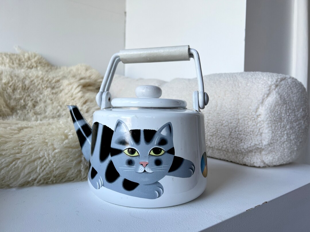 Whimsical Cat Tea Kettle Striped Tabby Cat Vintage Enamel Tea Etsy