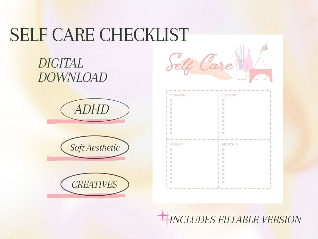 Self Care Checklist Printable and Fillable PDF Download ADHD Pink ...
