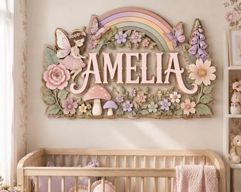 Letrero personalizado para guardería infantil con diseño de jardín de hadas, decoración floral arcoíris para la habitación de una niña.
