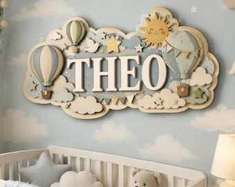 Letrero personalizado con globo aerostático para la habitación del bebé, decoración para la habitación de niño, arte de pared personalizado con forma de nube.