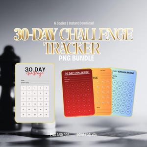 Könnte beinhalten: Ein 30-Tage-Challenge-Tracker-PNG-Bundle mit goldenem Titel. Das Bild zeigt drei Tracker-Karten in Rot, Orange und Blau, jede mit einem 30-Tage-Kalender. Der Text "30-DAY CHALLENGE TRACKER" ist in Gold dargestellt.
