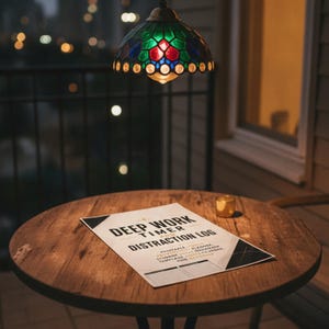May include: A white paper sheet titled Deep Work Timer and Distraction Log with black text and geometric accents, resting on a round wooden table beneath a stained glass pendant lamp featuring red, green, and blue glass panels.