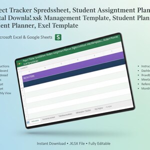 Könnte beinhalten: Eine digitale Projekt-Tracker- und Studenten-Planer-Tabellenvorlage für Microsoft Excel und Google Sheets. Die Benutzeroberfläche zeigt einen Anweisungs-Tab mit violetten und dunkelblauen Kopfzeilen sowie Reiter für Aufgaben und Checklisten.