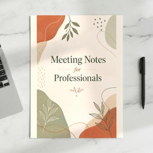 Könnte beinhalten: Ein rechteckiger Notizbuchumschlag mit dem Text Meeting Notes for Professionals in dunkelgrüner Schrift. Das Design zeigt abstrakte Formen in Terrakotta und Salbeigrün, akzentuiert durch feine Strichzeichnungen von Blättern und Punkten.