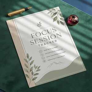 Könnte beinhalten: Ein Focus Session Tracker Planer mit weißem Einband, grünen Blattillustrationen, einem goldenen Stift und einer kleinen roten Dekokugel. Der Text lautet Focus Session Tracker, Deep Work Planner, Distraction Blocker Log, Study Concentration Sheet und Productivity Organizer.