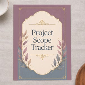 Könnte beinhalten: Eine rechteckige Karte mit einem staubvioletten Rand und einem cremefarbenen Mittelfeld. Der Text Project Scope Tracker ist in Dunkelblau gedruckt. Das Design zeigt goldene Filigranakzente und aquarellartige Blätter in Violett- und Blautönen.