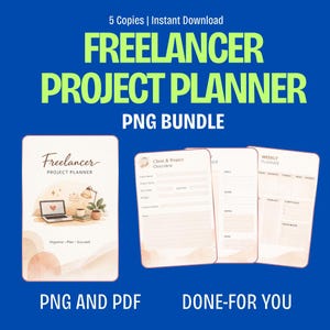 Könnte beinhalten: Ein digitales Freelancer-Projektplaner-PNG-Bundle mit blauem Hintergrund. Das Bild enthält ein Planer-Cover mit einer Laptop- und Schreibtisch-Illustration sowie mehrere Innenseiten für das Projektmanagement. Der Text enthält "Freelancer Project Planner" und "PNG Bundle."