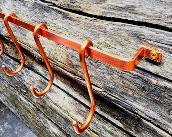 Handmade Copper Pot Rack, Wall Mount Utensil Rail, Hanging Pan Organizer, Michigan Made Forged S Hooks, Farmhouse Kitchen Storage 14"