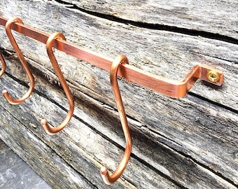 Handmade Copper Pot Rack, Wall Mount Utensil Rail, Hanging Pan Organizer, Michigan Made Forged S Hooks, Farmhouse Kitchen Storage 14"